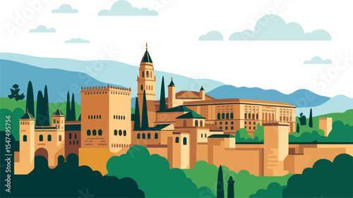 s a famous historical site. It is an illustration of the Alhambra palace. The style is flat and graphic.