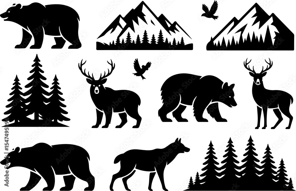 Naklejka premium Wilderness Bound Bear & Mountain Silhouette vector