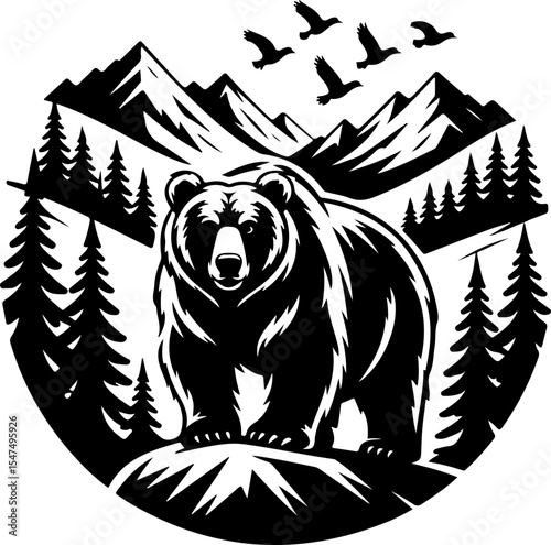 Wilderness Bound Bear & Mountain Silhouette vector