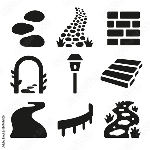Garden Pathway Icons. Solid style icons of garden pathways: stepping stones, gravel path, brick pattern, wooden planks, garden