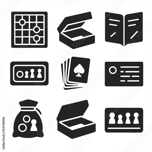 Board Game Icons. Solid style icons of board game setup: game board layout, game box open, rulebook icon, token tray, shuffled