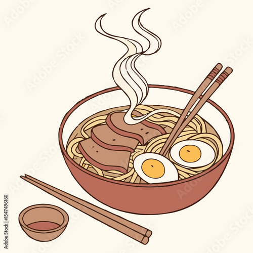 Vector illustration of a Japanese restaurant menu with a healthy sushi meal, rice, and chopsticks in a bowl on a white plate