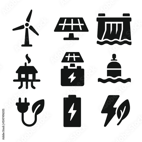 Renewable Energy Icons. Solid style icons of renewable energy: wind turbine, solar panel, hydro power dam, geothermal icon, solar