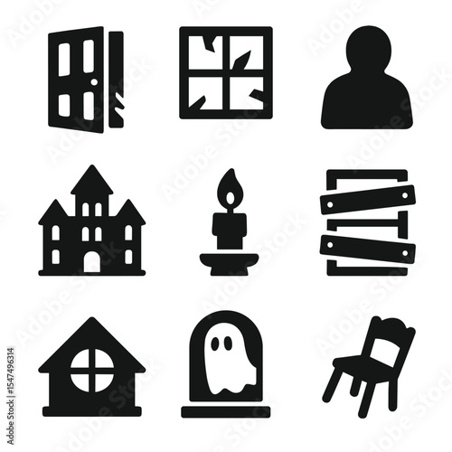 Haunted House Icons. Solid style icons of haunted house elements: creaky door, broken window, shadow figure, haunted mansion,