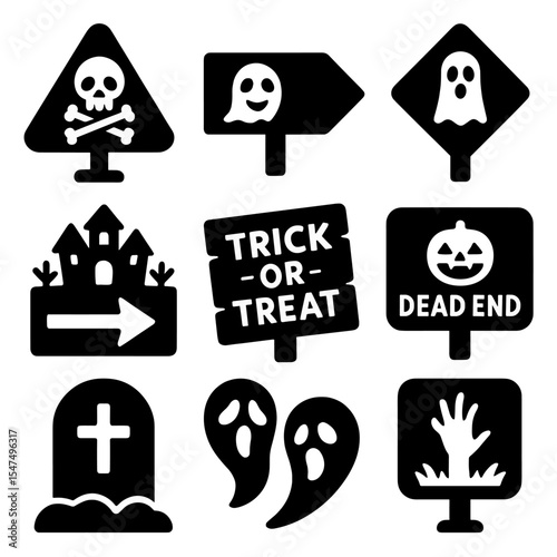 Halloween Icon Set. Solid style icons of Halloween signs and symbols: beware sign, spooky arrow, ghost crossing, haunted house