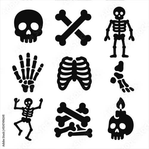 Skeleton Icon Collection. Solid style icons of skeletons and bones: skull icon, crossed bones, full skeleton, bony hand, ribcage,