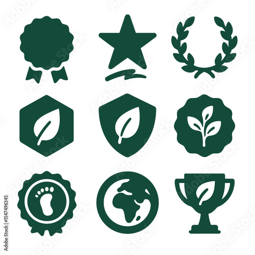 Eco Certification Icons. Solid style icons of eco certification: green badge, energy star label, LEED icon, organic certified icon