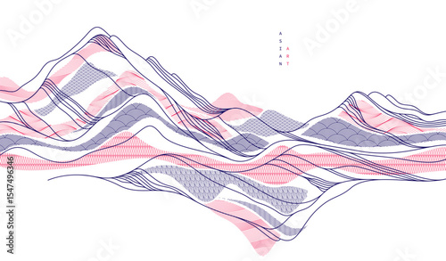 Oriental Japanese style vector abstract illustration, background in Asian traditional style, wavy shapes and mountains terrain, runny like sea lines.