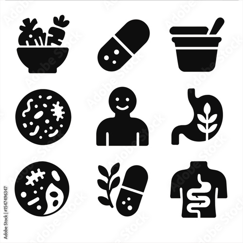Gut Health Icons. Solid style icons of gut microbiome support: prebiotic food, probiotic capsule, yogurt cup, gut bacteria icon,