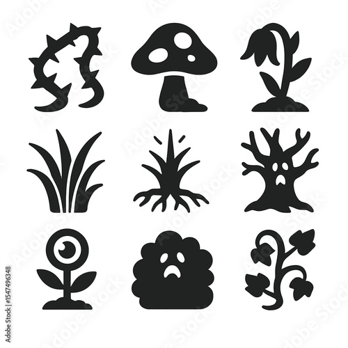 Creepy Nature Icons. Solid style icons of creepy plants and nature: thorny vine, poisoned mushroom, wilted flower, spider plant,