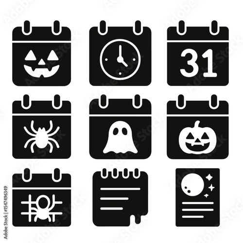 Halloween Icon Set. Solid style icons of Halloween countdown and calendar: spooky calendar, countdown clock, 31st October, pumpkin