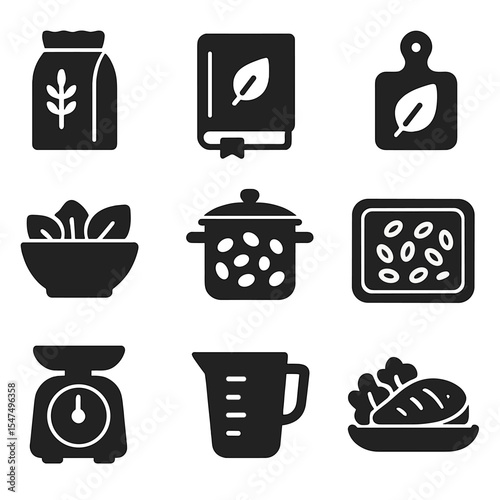 Cooking Fiber Essentials. Solid style icons of cooking with fiber: whole grain flour, fiber recipe book, chopping board, salad