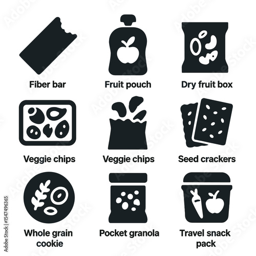 Travel-Friendly Fiber Snacks Icons. Solid style icons of travel-friendly fiber snacks: fiber bar, fruit pouch, nut mix bag, dry