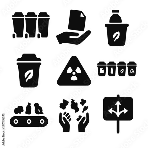 Waste Segregation Icons. Solid style icons of waste segregation: color bins, paper sorting, plastic category, organic bin,