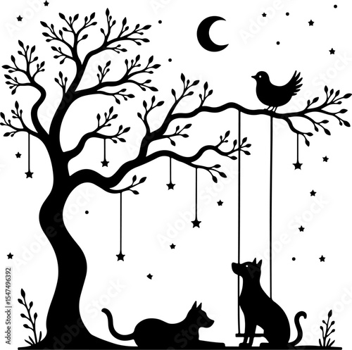 Whimsical Cat Silhouettes on Tree with Swing and Moon vector