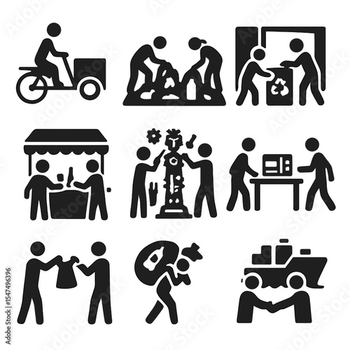Global Scavenger Icons. Solid style icons of global scavenger practices: rickshaw collector, landfill pickers, container recyclers