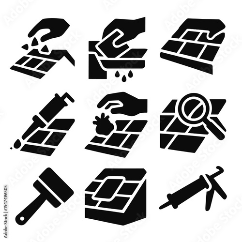 Roof Maintenance Icons. Solid style icons of roof maintenance: debris removal, gutter cleaning, shingle replacement, sealant