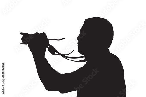 Silhouette of Man Holding Camera with Strap on White Background