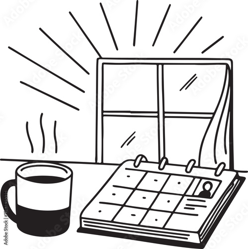 A charming cartoon drawing of a coffee shop window featuring a line art cup, perfect for business icon design