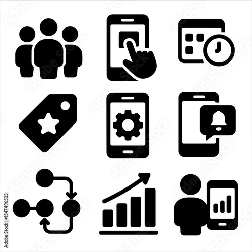 Mobile App Icons. Solid style icons of mobile app segmentation: app user group, screen behavior icon, session frequency, in-app