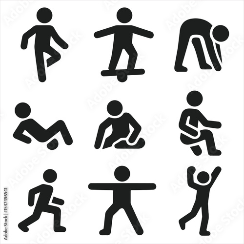 Balance and Flexibility Icons. Solid style icons of balance and flexibility training silhouette: one-leg stand, balance board