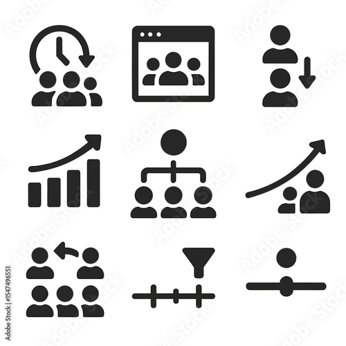 Cohort Analysis Icons. Solid style icons of cohort analysis: time-based group, signup cohort, behavior cohort icon, retention