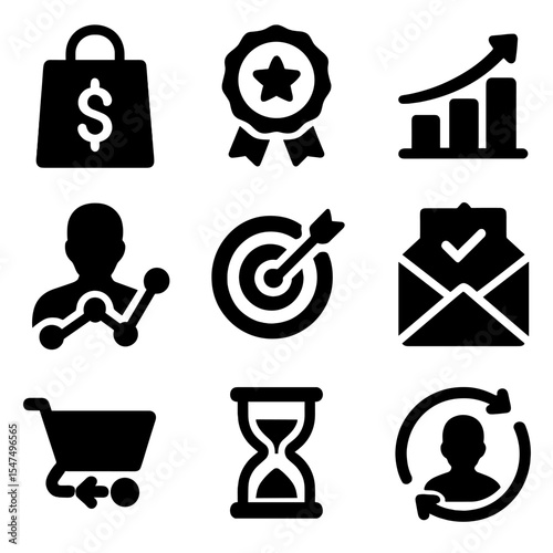 Behavioral Segmentation Icons. Solid style icons of behavioral segmentation: purchase history icon, brand loyalty badge, product