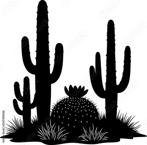 Desert Cactus Silhouettes with Various Species vector