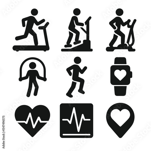 Cardio Training Icons. Solid style icons of cardio training silhouette: treadmill runner, stair climber, elliptical user, jump