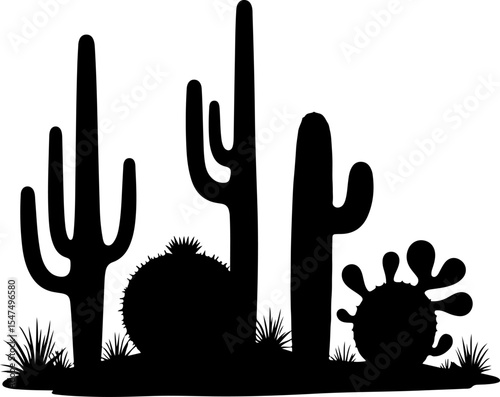Desert Cactus Silhouettes with Various Species vector