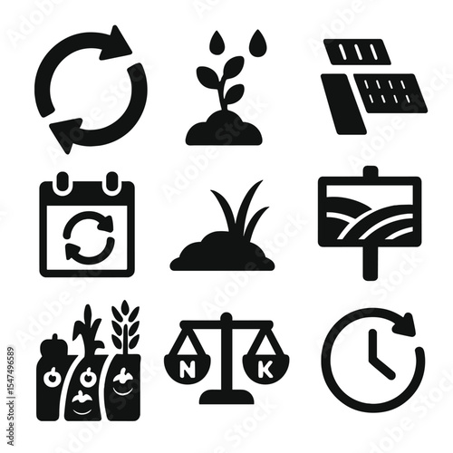 CSA Crop Rotation Icons. Solid style icons of CSA crop rotation: rotating arrow, planting cycle, three-field system, rotation