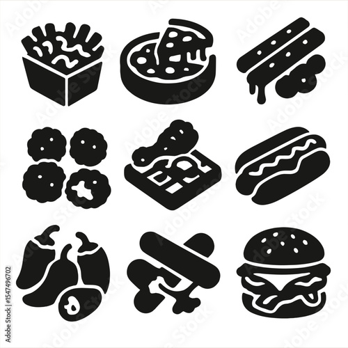 Indulgent Comfort Food Icons. Solid style icons of indulgent comfort food: loaded fries, deep dish pizza, cheesy breadsticks,