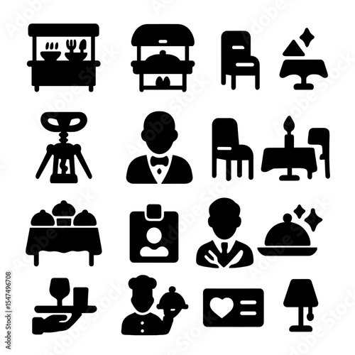 Hospitality Icon Collection. Solid style icons of restaurant and hospitality: self-service station, food warmer unit, napkin