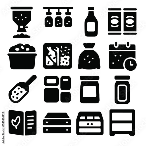 Solid Pantry Icons. Solid style icons of pantry: pantry refill station, hanging spice jars, labeled sauce bottle, canned soup line