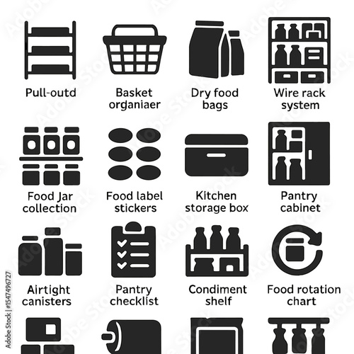 Pantry Organization Icons. Solid style icons of pantry: pull-out shelves, basket organizer, dry food bags, wire rack system, herb