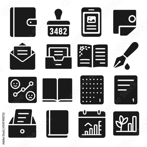 Journaling Icon Set. Solid style icons of journaling: journal with strap, date stamp icon, journaling app interface, sticky note