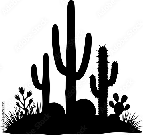 Desert Cactus Silhouettes with Various Species vector