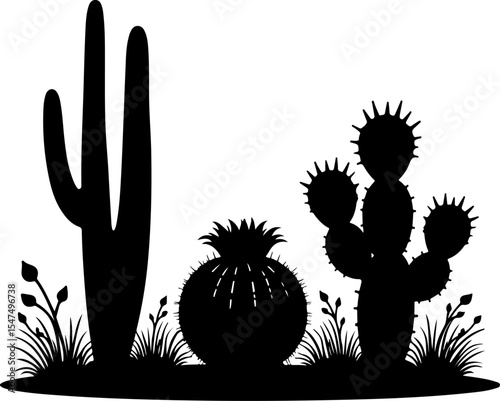 Desert Cactus Silhouettes with Various Species vector