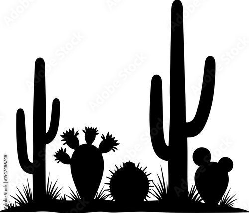 Desert Cactus Silhouettes with Various Species vector