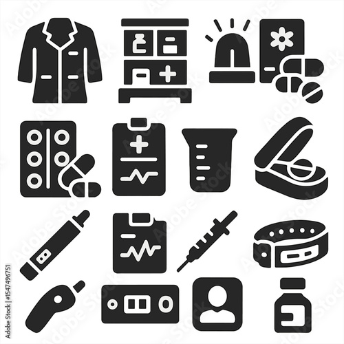 Medical Icon Set. Solid style icons of medicine: doctor coat icon, medicine cabinet, emergency alert button, allergy medication,