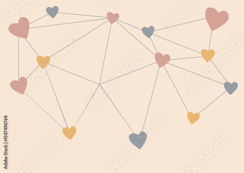 Pastel colored hearts connected by abstract lines. A visual representation of love, empathy, connection, and social network illustration. Suitable for Valentine's Day.