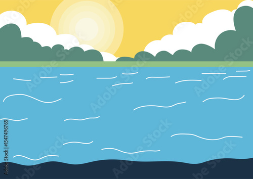 Peaceful flat illustration of sunny day over calm pond with clouds and green bushes on the other bank. Nature landscape for calm outdoor scene.