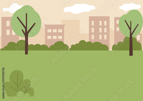 Green urban park landscape illustration featuring trees and bushes with city buildings in background. Flat outdoor template for nature concept, clean environment.