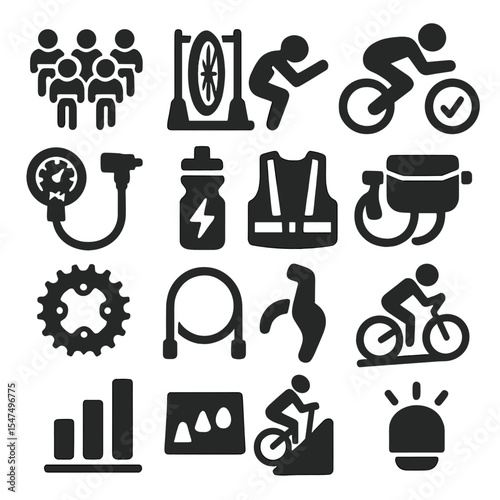 Cycling Icon Set. Solid style icons of cycling: group start icon, wheel truing stand, aero position silhouette, mechanical check