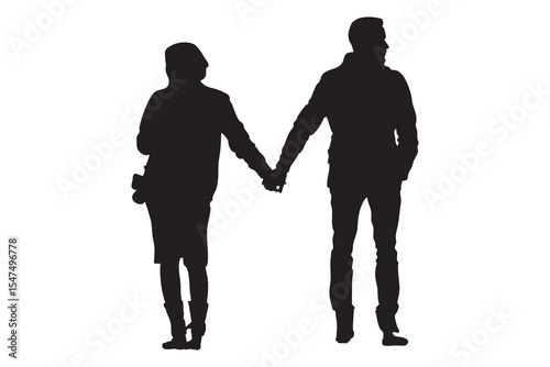 Silhouette of Couple Holding Hands Standing Together Isolated on White