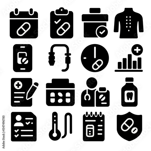 Medicine Icons Collection. Solid style icons of medicine: health dosage calendar, medication safety checklist, drug box with seal,