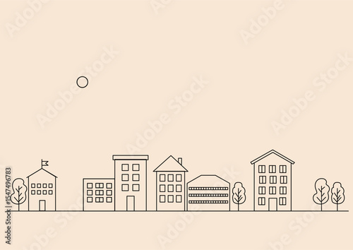Simple outline drawing of a city street with various buildings and trees. Minimalist urban landscape illustration representing neighborhood community. Conceptual design for web or print background.