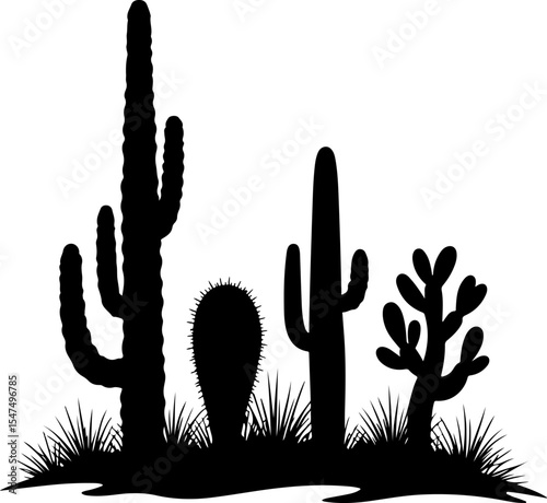 Desert Cactus Silhouettes with Various Species vector