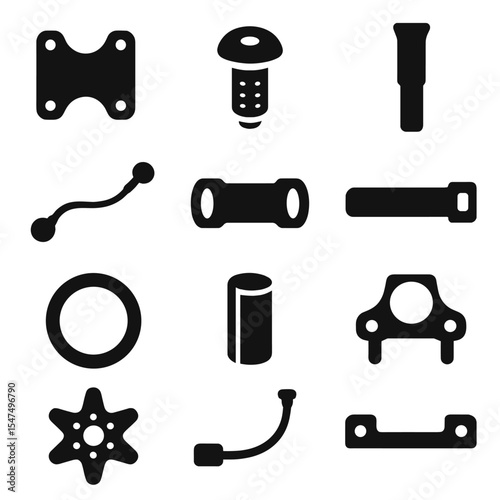 Bicycle Parts Icons. Solid style icons of bicycle parts: stem faceplate, top cap bolt, headset compression plug, fork steerer tube