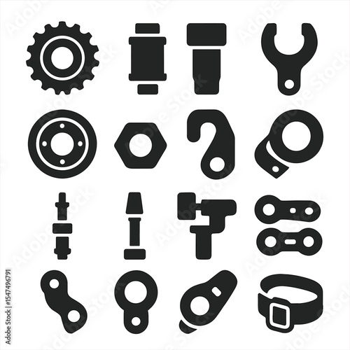 Bicycle Parts Icons. Solid style icons of bicycle parts: freewheel, freehub body, spoke nipple, spoke wrench, hub bearing, axle